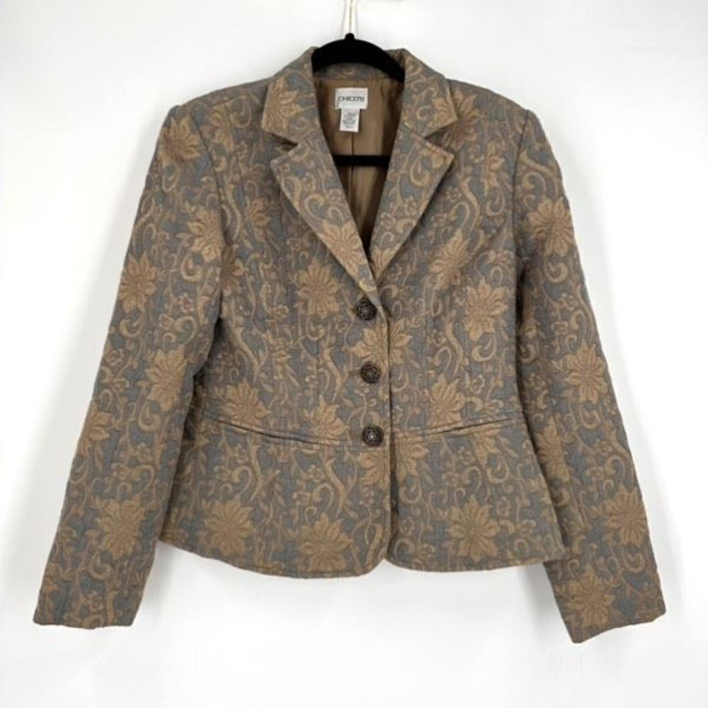 Chico's Women's Lined Textured Brocade Tapestry‎ Jacket Tan blue Metallic Small